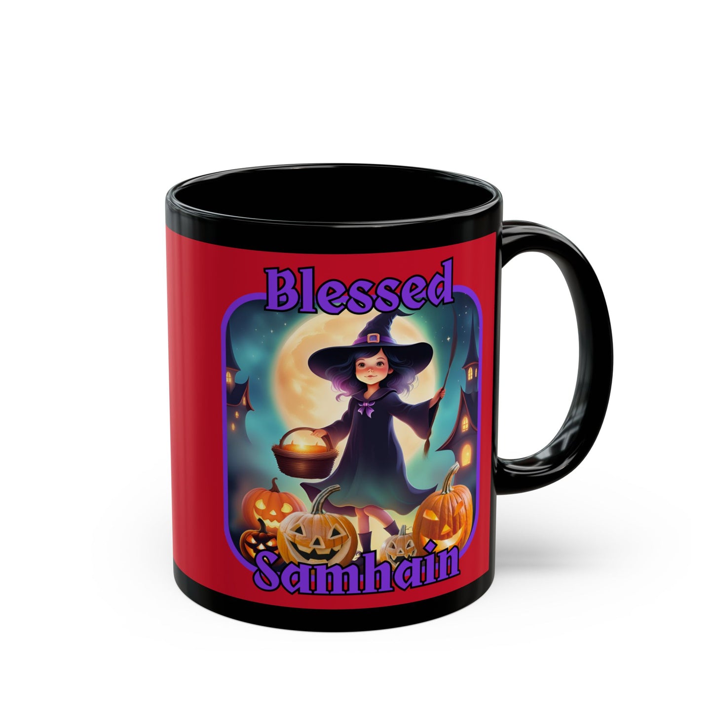 Blessed Samhain Little Witch Purple font Red Mug by CreepyCrafts.boo
