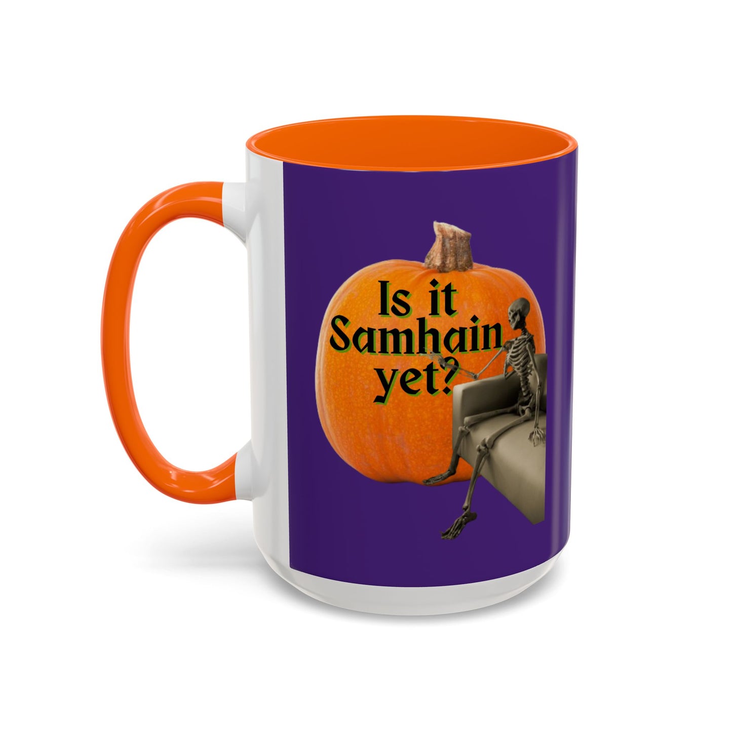 Is It Samhain Yet? Skeleton's Giant Pumpkin Purple Accent Mug by CreepyCrafts.boo