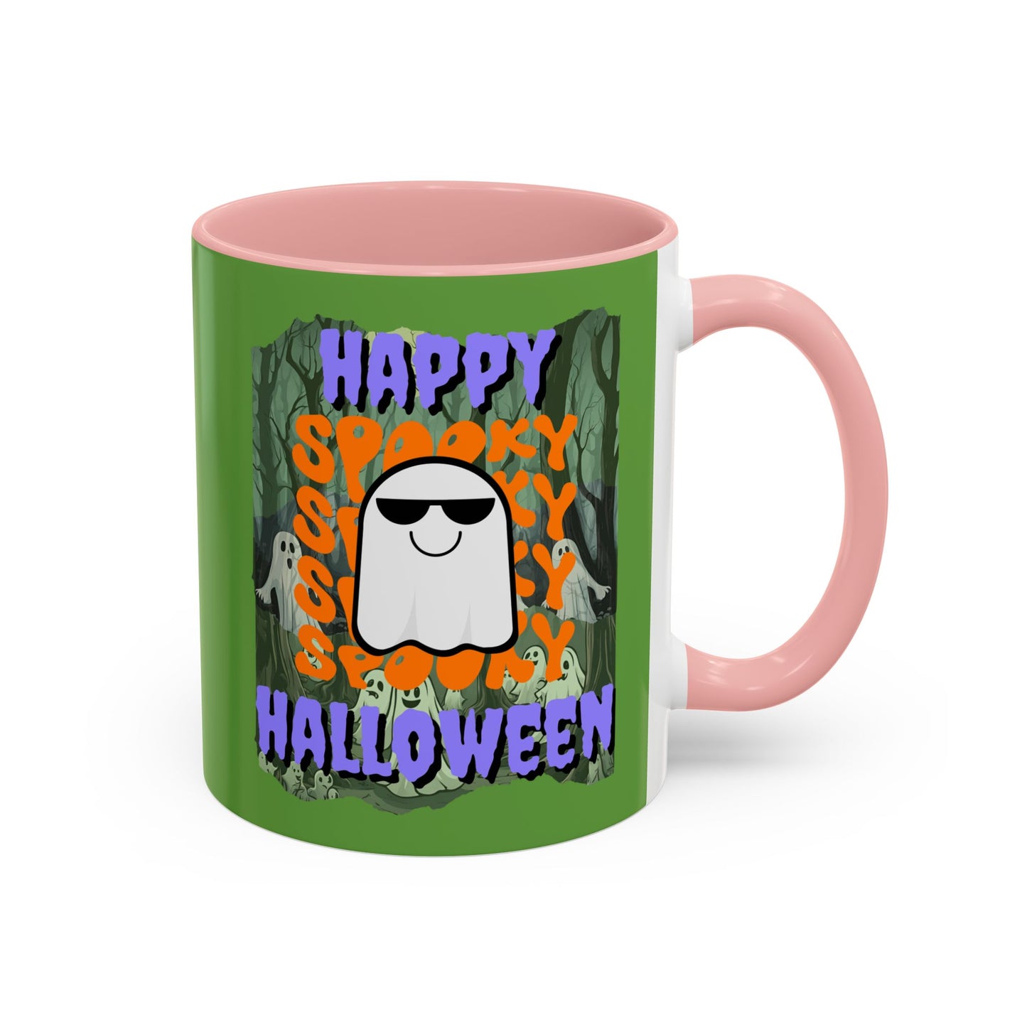 Spooky Happy Halloween Ghost Purple font Green Accent Mug by CreepyCrafts.boo