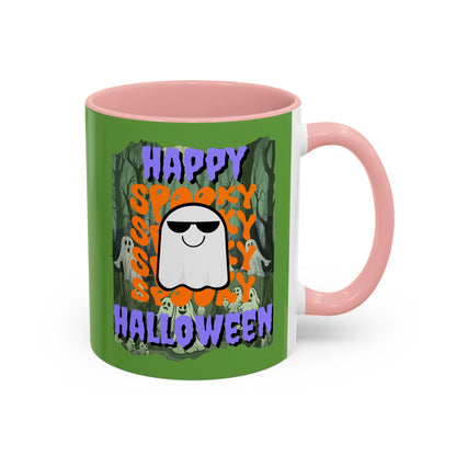 Spooky Happy Halloween Ghost Purple font Green Accent Mug by CreepyCrafts.boo