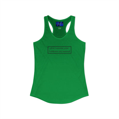 don't assume your freedoms are assured, Black font, Women's Racerback Tank Top by cypherpunkgear.com