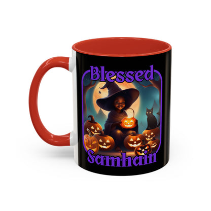 Blessed Samhain Cute Witch Purple font Black Accent Mug by CreepyCrafts.boo