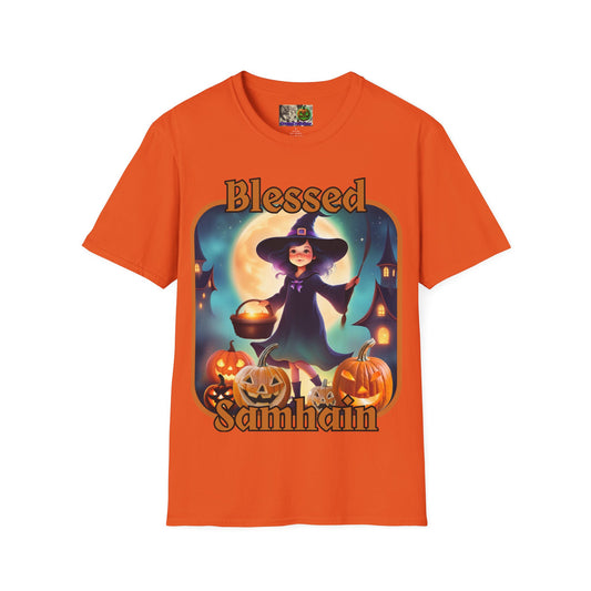 Blessed Samhain Little Witch Orange font Light colors Unisex T-Shirt by CreepyCrafts.boo