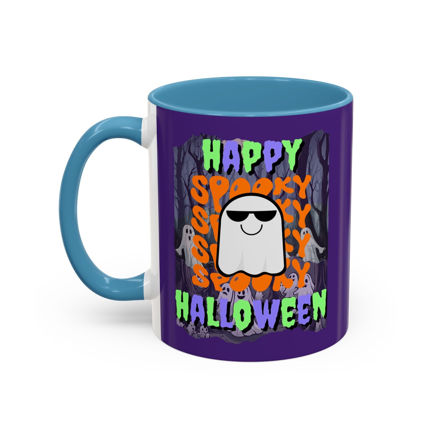 Spooky Happy Halloween Ghost Mixed font Purple Accent Mug by CreepyCrafts.boo