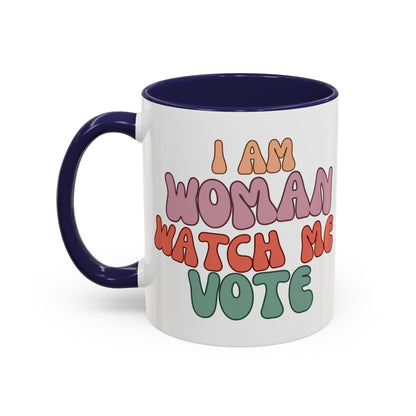 I Am Woman Watch Me Vote White Accent Mug by cypherpunkgear.com