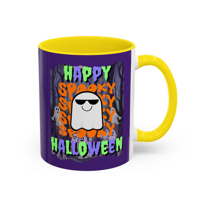 Spooky Happy Halloween Ghost Mixed font Purple Accent Mug by CreepyCrafts.boo