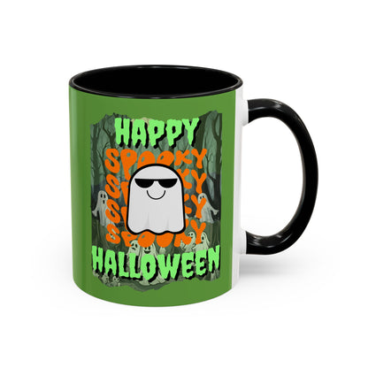 Spooky Happy Halloween Ghost Green font Green Accent Mug by CreepyCrafts.boo