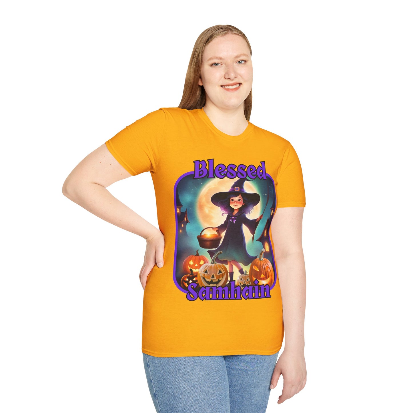Blessed Samhain Little Witch Purple font Light colors Unisex T-Shirt by CreepyCrafts.boo
