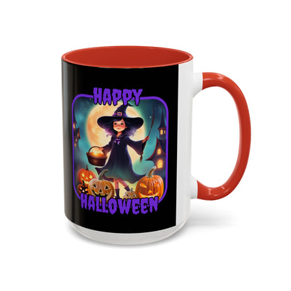 Happy Halloween Little Witch Purple font Black Accent Mug by CreepyCrafts.boo