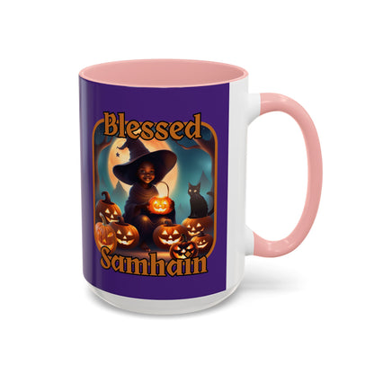 Blessed Samhain Cute Witch Orange font Purple Accent Mug by CreepyCrafts.boo