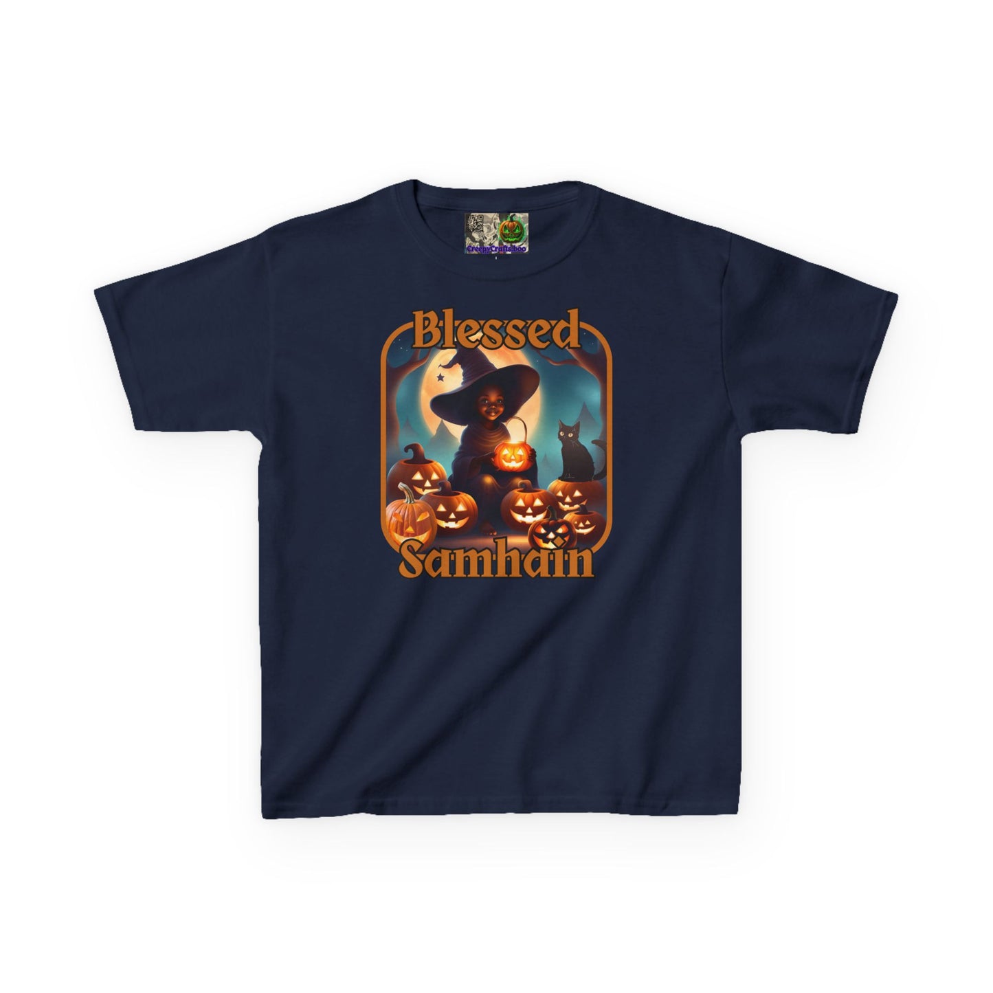 Blessed Samhain Cute Witch Orange font Kids Heavy Cotton™ Tee by CreepyCrafts.boo