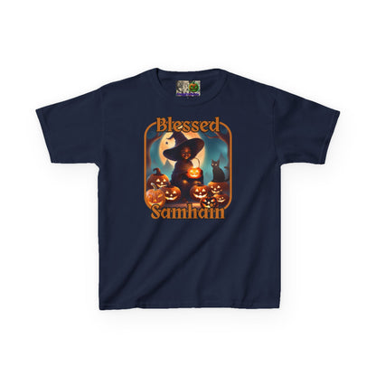 Blessed Samhain Cute Witch Orange font Kids Heavy Cotton™ Tee by CreepyCrafts.boo