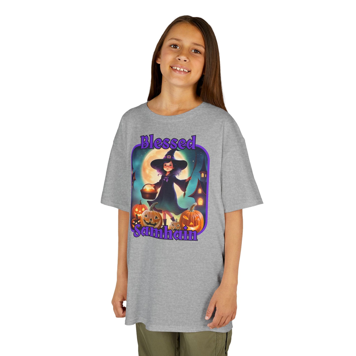 Blessed Samhain Little Witch Purple font Kids Heavy Cotton™ Tee by CreepyCrafts.boo