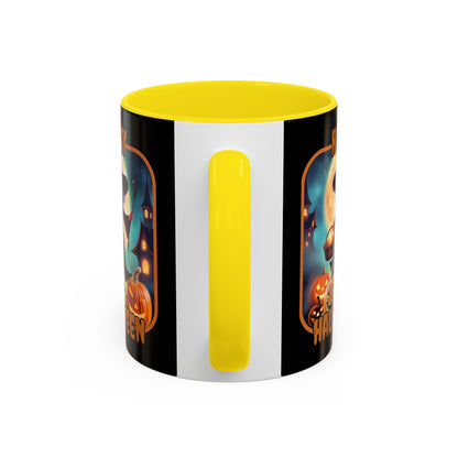 Happy Halloween Little Witch Orange font Black Accent Mug by CreepyCrafts.boo