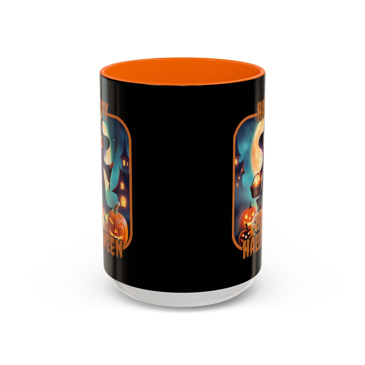 Happy Halloween Little Witch Orange font Black Accent Mug by CreepyCrafts.boo