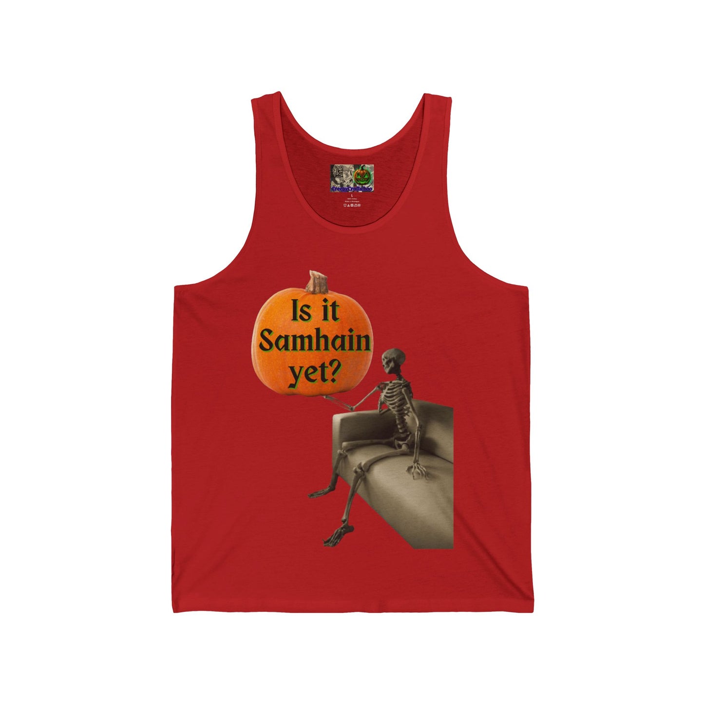 Is it Samhain yet? Skeleton's Pumpkin Unisex Jersey Tank Top by CreepyCrafts.boo