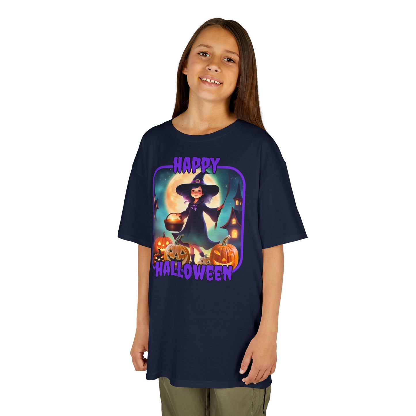 Happy Halloween Little Witch Purple font Kids Heavy Cotton™ Tee by CreepyCrafts.boo