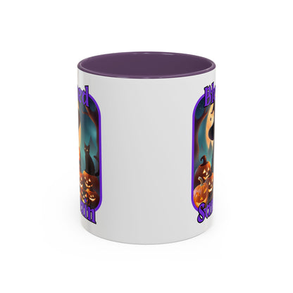 Blessed Samhain Cute Witch Purple font White Accent Mug by CreepyCrafts.boo