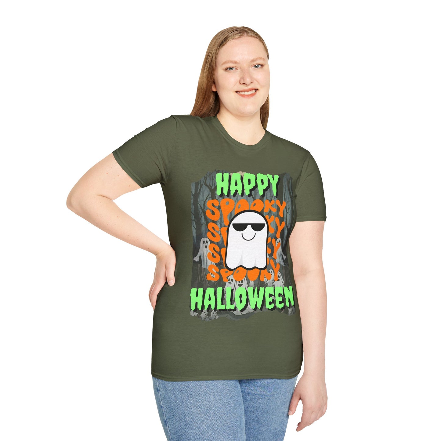 Spooky Happy Halloween Ghost Dark colors Green font Unisex T-Shirt by CreepyCrafts.boo