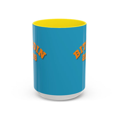Bitcoin 2009 Turquoise Accent Mug by cypherpunkgear.com
