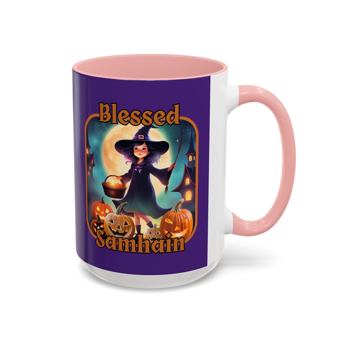 Blessed Samhain Little Witch Orange font Purple Accent Mug by CreepyCrafts.boo