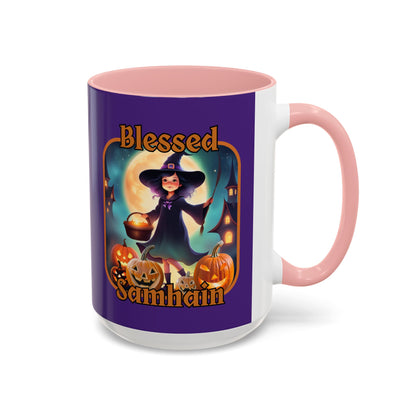 Blessed Samhain Little Witch Orange font Purple Accent Mug by CreepyCrafts.boo