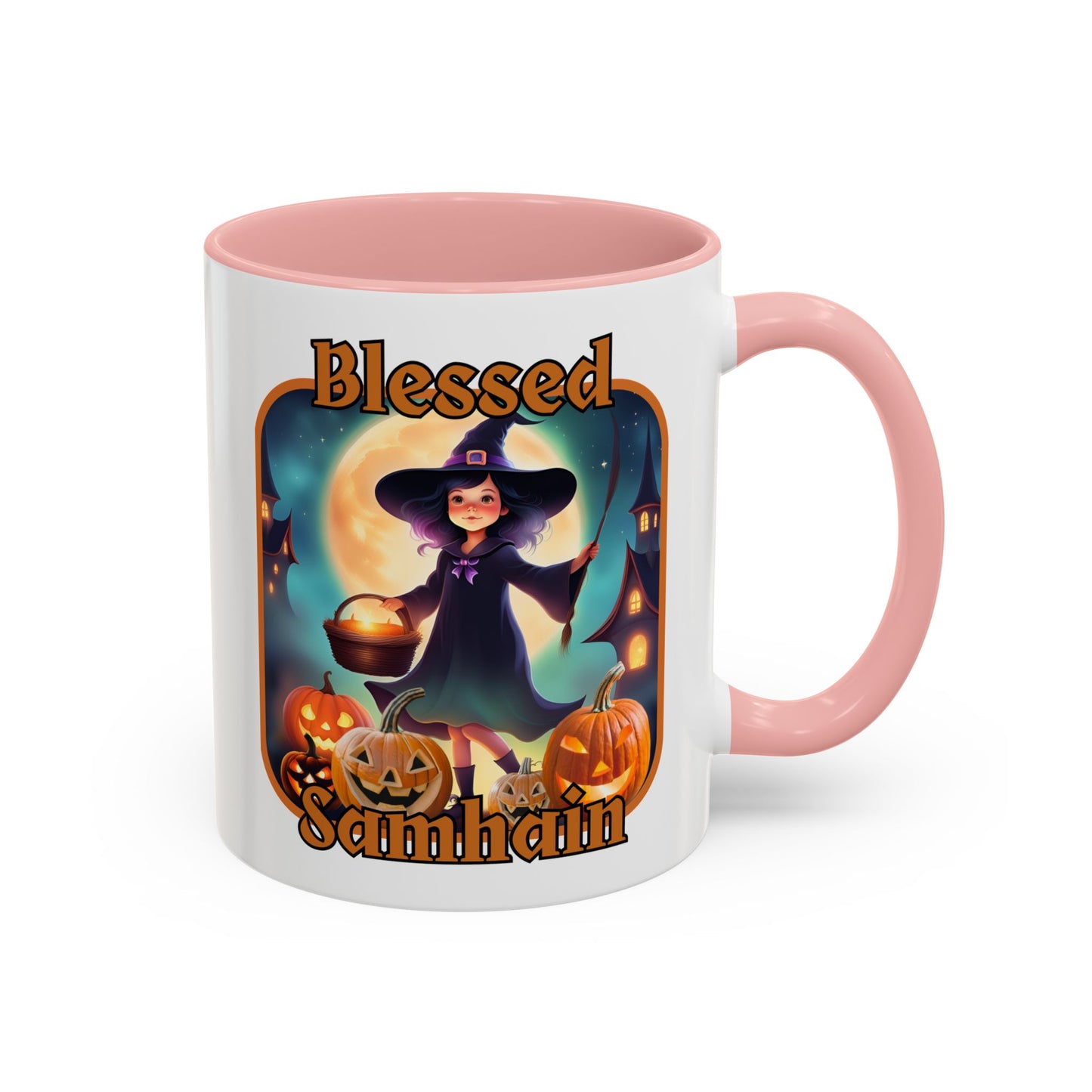 Blessed Samhain Little Witch Orange font White Accent Mug by CreepyCrafts.boo