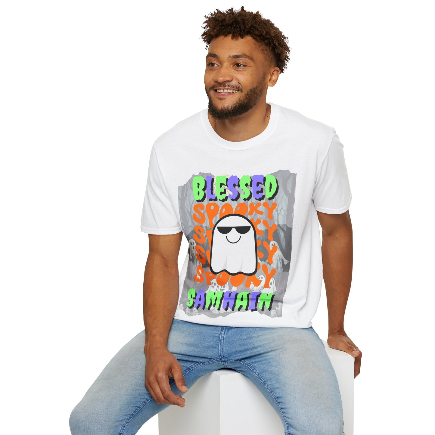 Spooky Blessed Samhain Ghost Mixed font Unisex T-Shirt by CreepyCrafts.boo