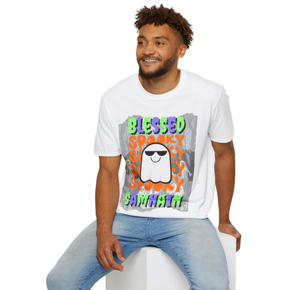 Spooky Blessed Samhain Ghost Mixed font Unisex T-Shirt by CreepyCrafts.boo