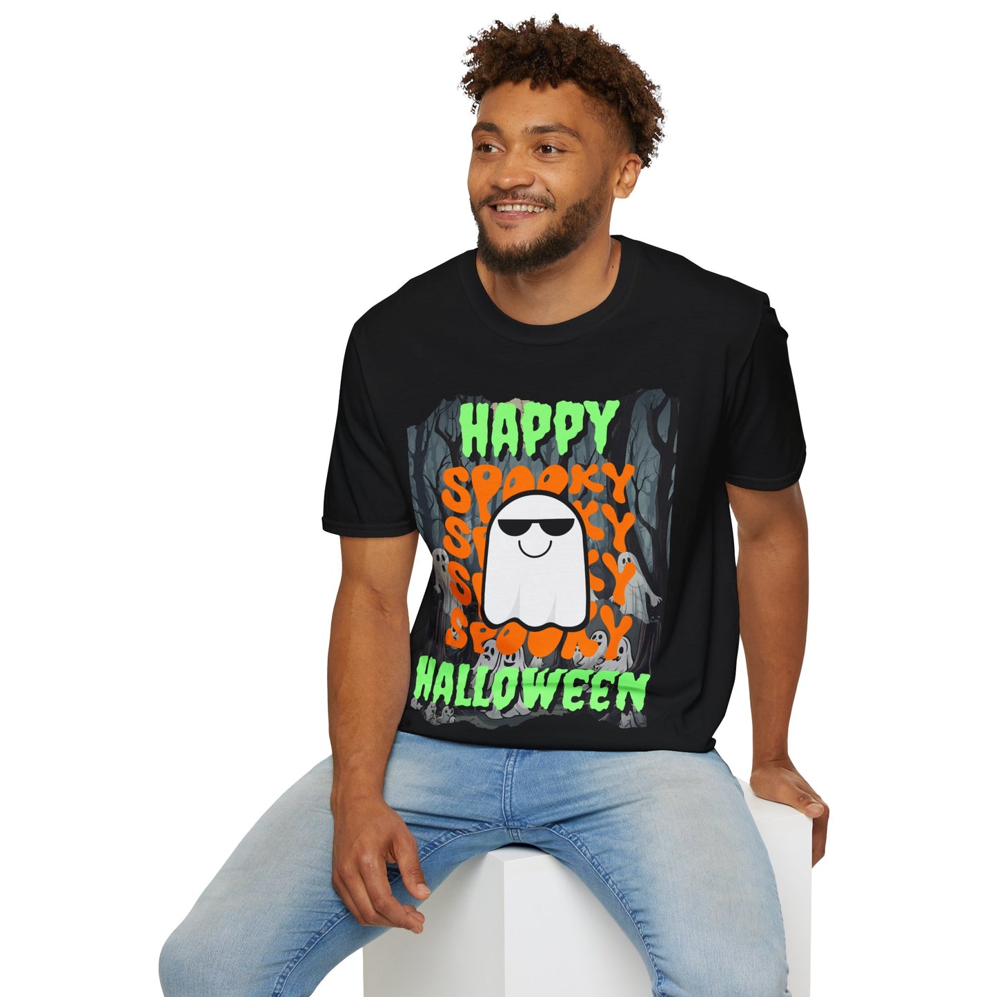 Spooky Happy Halloween Ghost Dark colors Green font Unisex T-Shirt by CreepyCrafts.boo