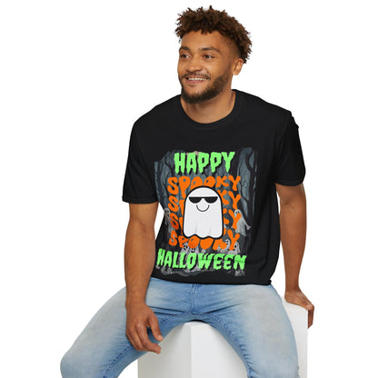Spooky Happy Halloween Ghost Dark colors Green font Unisex T-Shirt by CreepyCrafts.boo