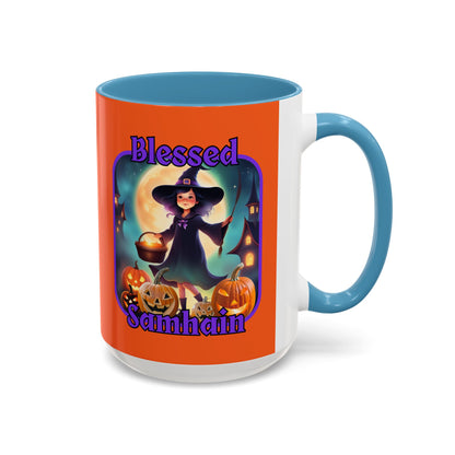 Blessed Samhain Little Witch Purple font Orange Accent Mug by CreepyCrafts.boo