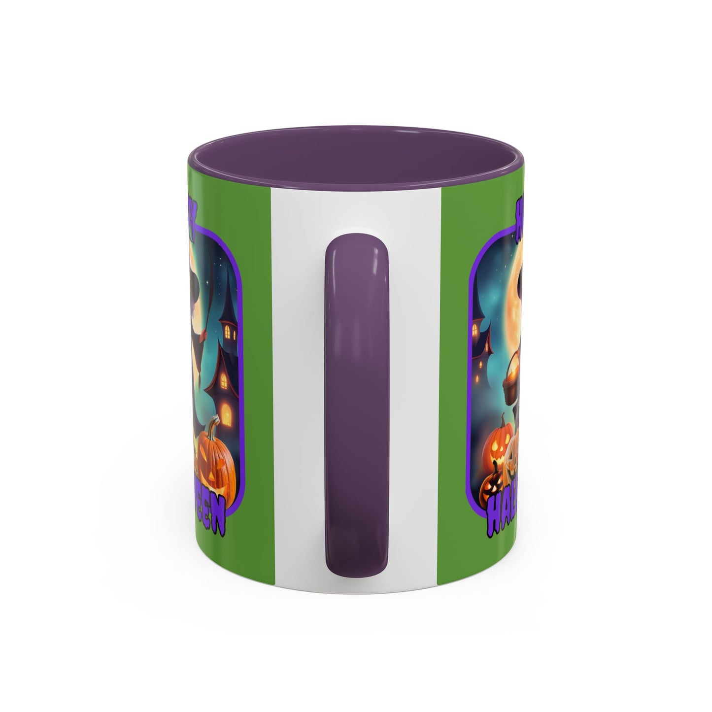 Happy Halloween Little Witch Purple font Green Accent Mug by CreepyCrafts.boo