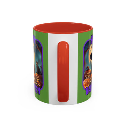 Happy Halloween Cute Witch Purple font Green Accent Mug by CreepyCrafts.boo