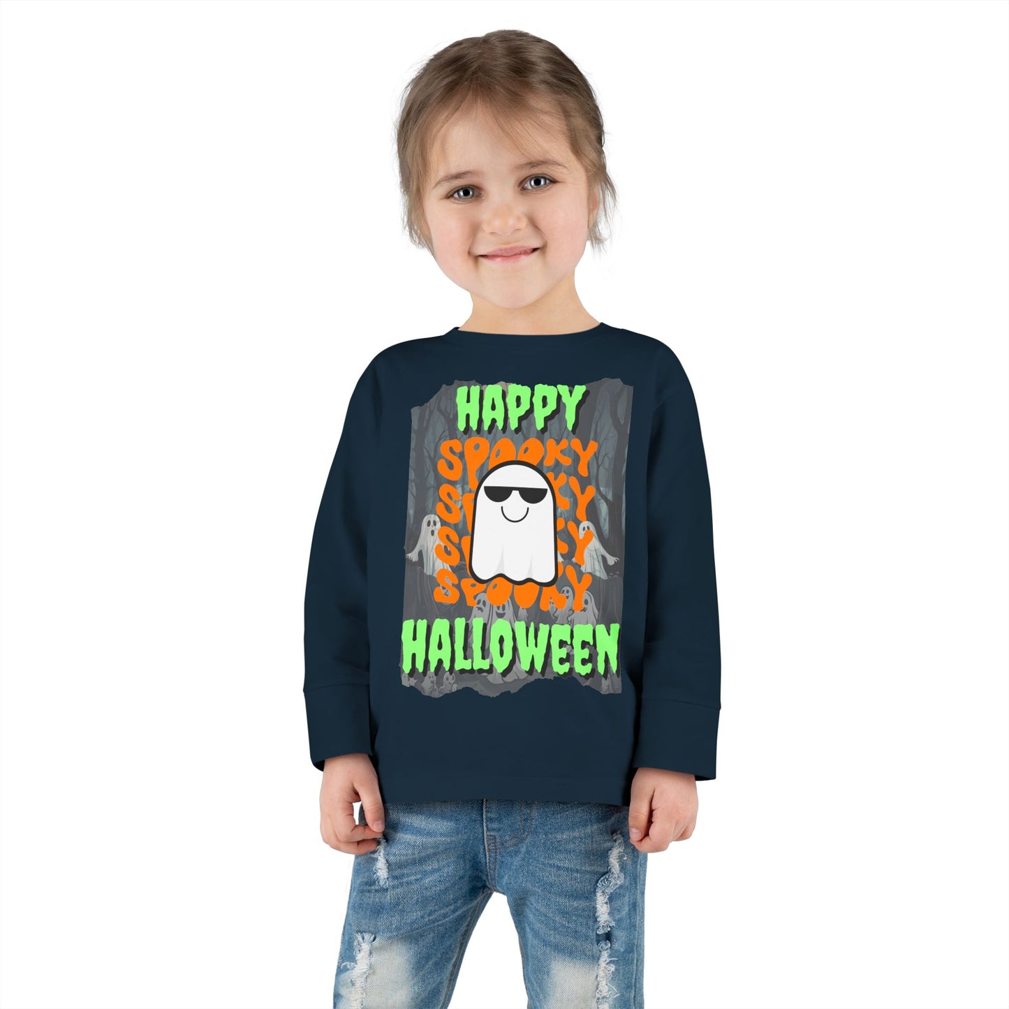 Spooky Happy Halloween Ghost Green font Toddler Long Sleeve Tee by CreepyCrafts.boo