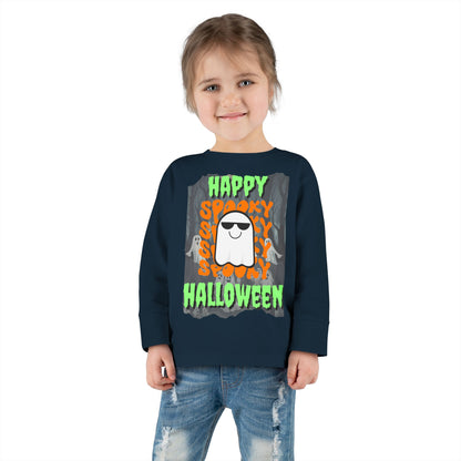 Spooky Happy Halloween Ghost Green font Toddler Long Sleeve Tee by CreepyCrafts.boo