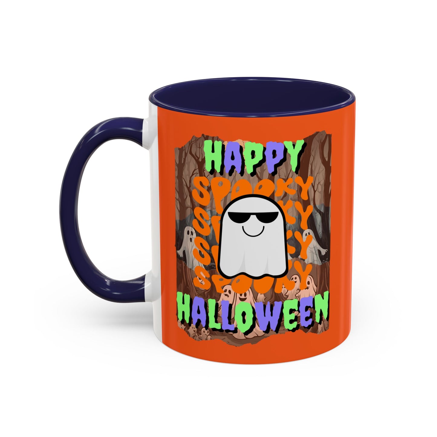 Spooky Happy Halloween Ghost Mixed font Orange Accent Mug by CreepyCrafts.boo