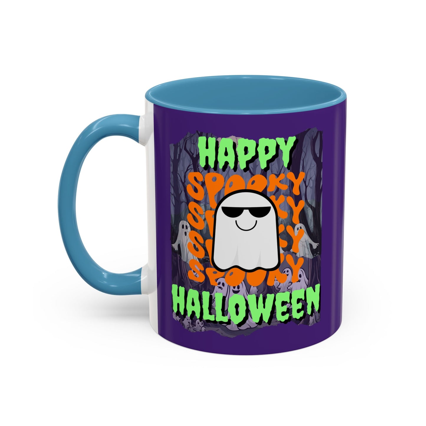 Spooky Happy Halloween Ghost Green font Purple Accent Mug by CreepyCrafts.boo