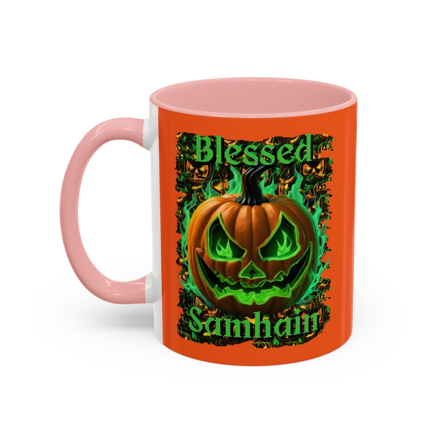 Blessed Samhain Green Jack Orange Accent Mug by CreepyCrafts.boo