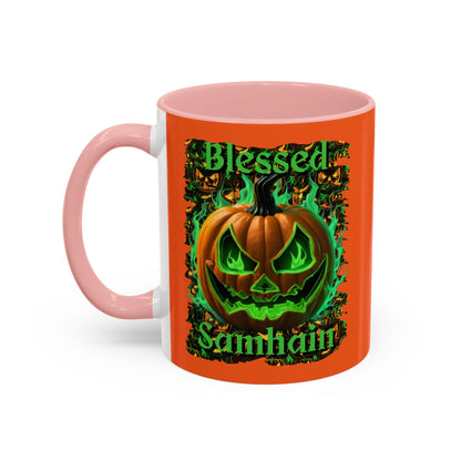Blessed Samhain Green Jack Orange Accent Mug by CreepyCrafts.boo