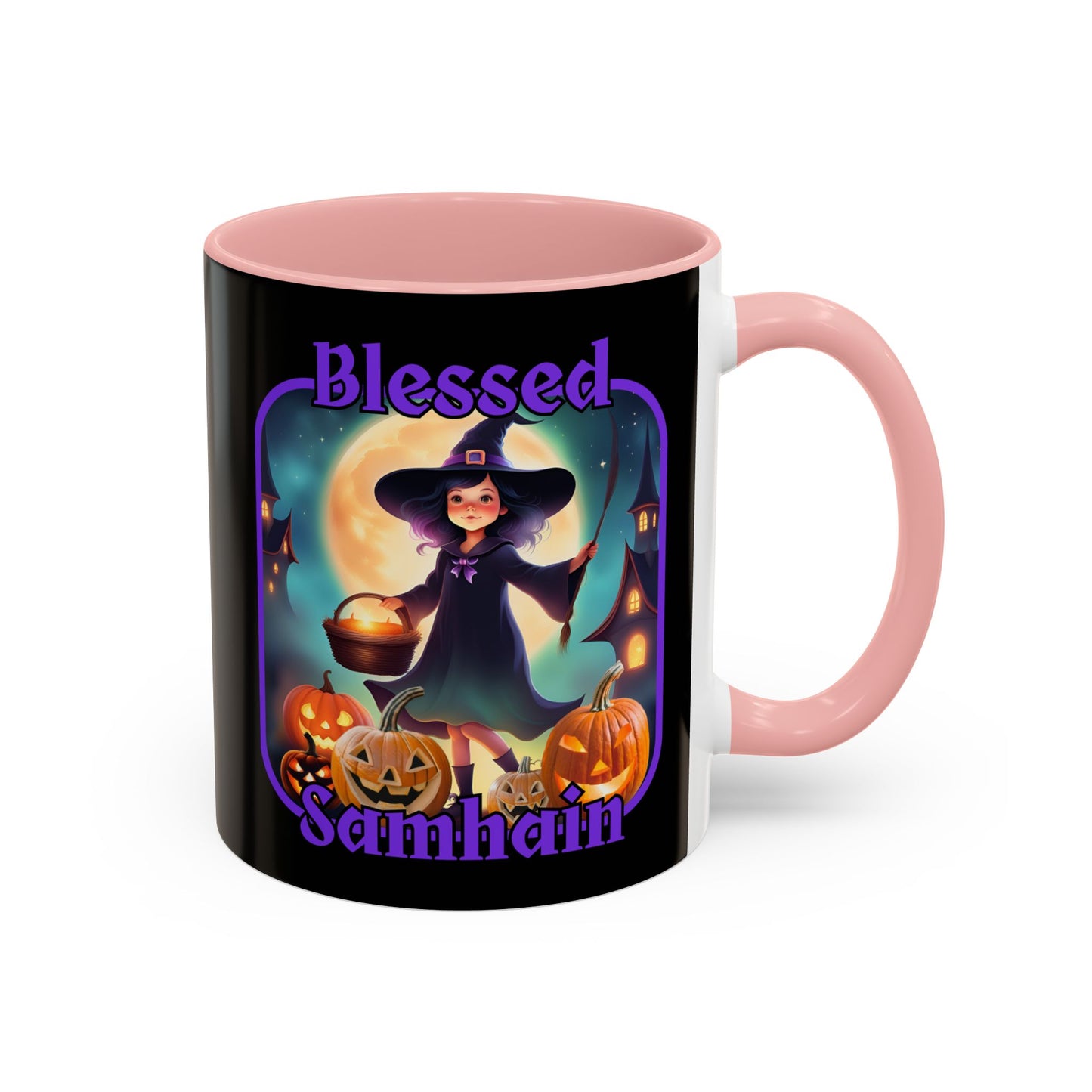 Blessed Samhain Little Witch Purple font Black Accent Mug by CreepyCrafts.boo