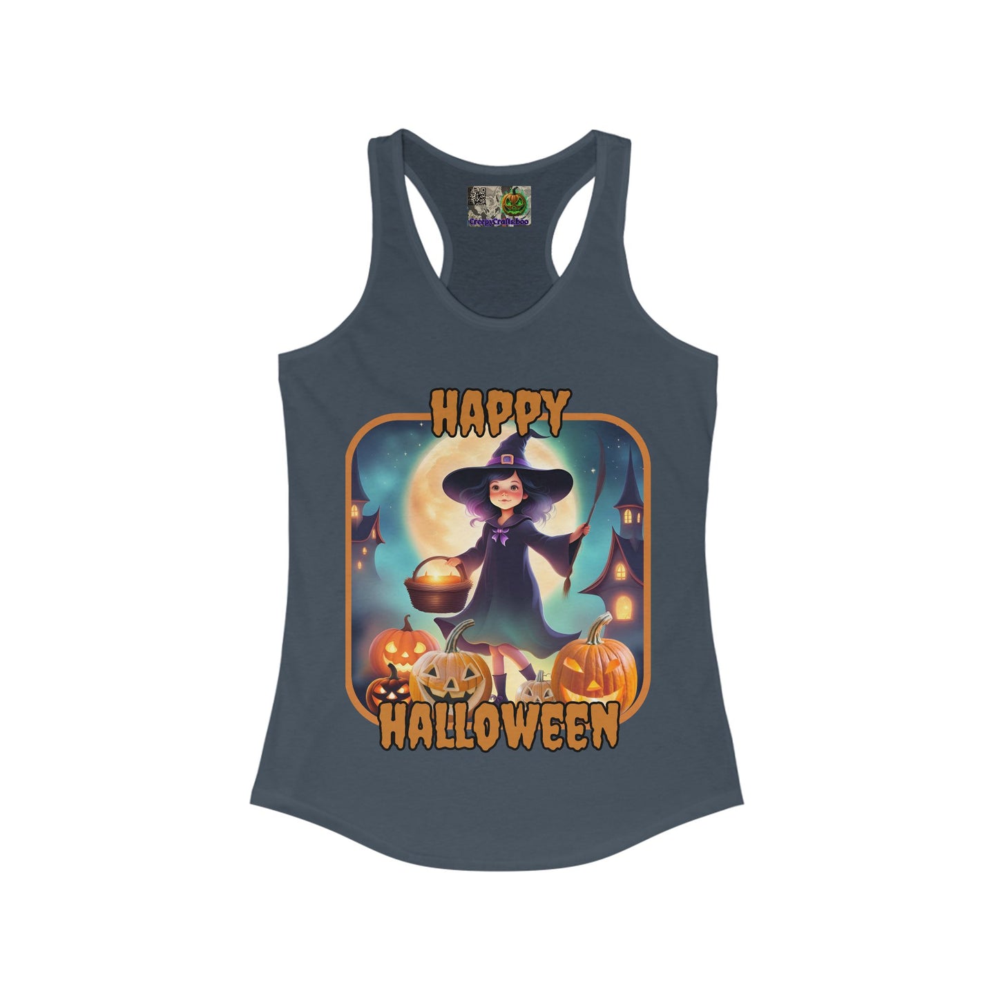 Happy Halloween Little Witch Orange font Women's Racerback Tank Top by CreepyCrafts.boo