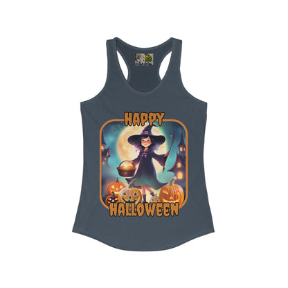 Happy Halloween Little Witch Orange font Women's Racerback Tank Top by CreepyCrafts.boo