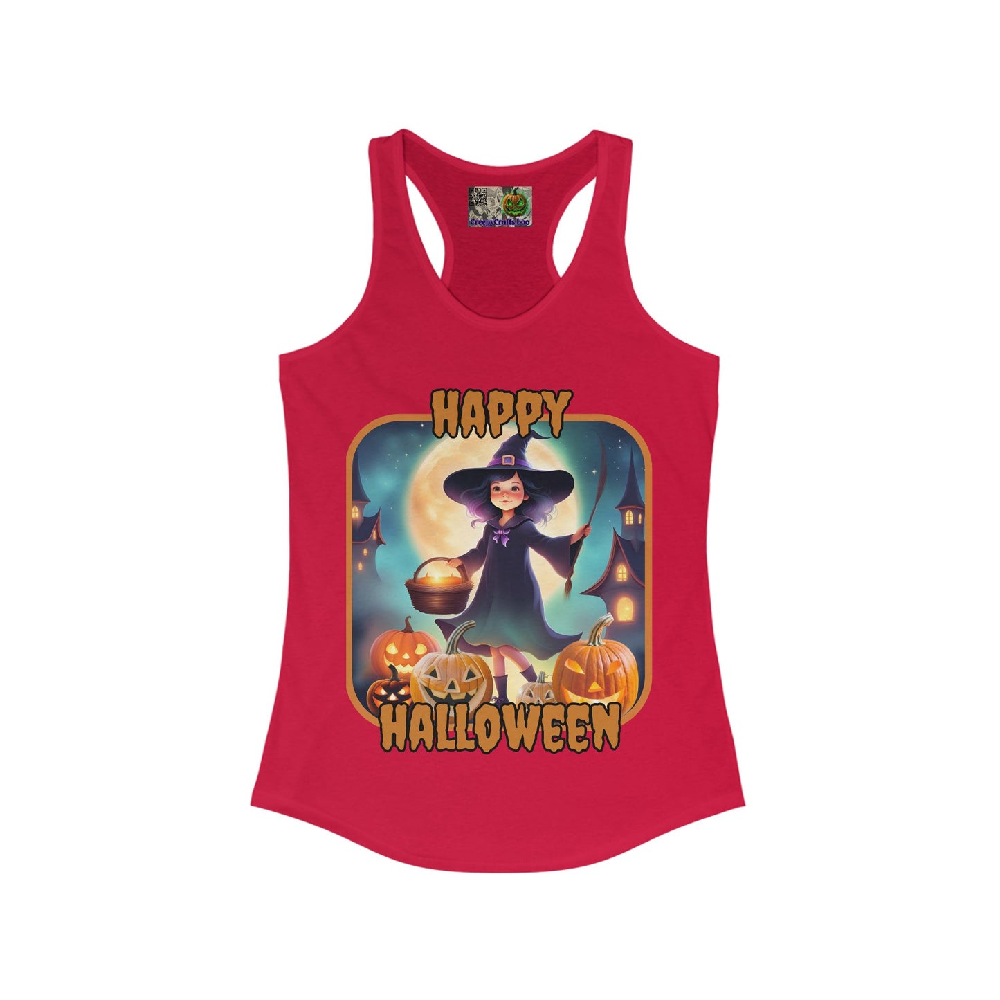 Happy Halloween Little Witch Orange font Women's Racerback Tank Top by CreepyCrafts.boo