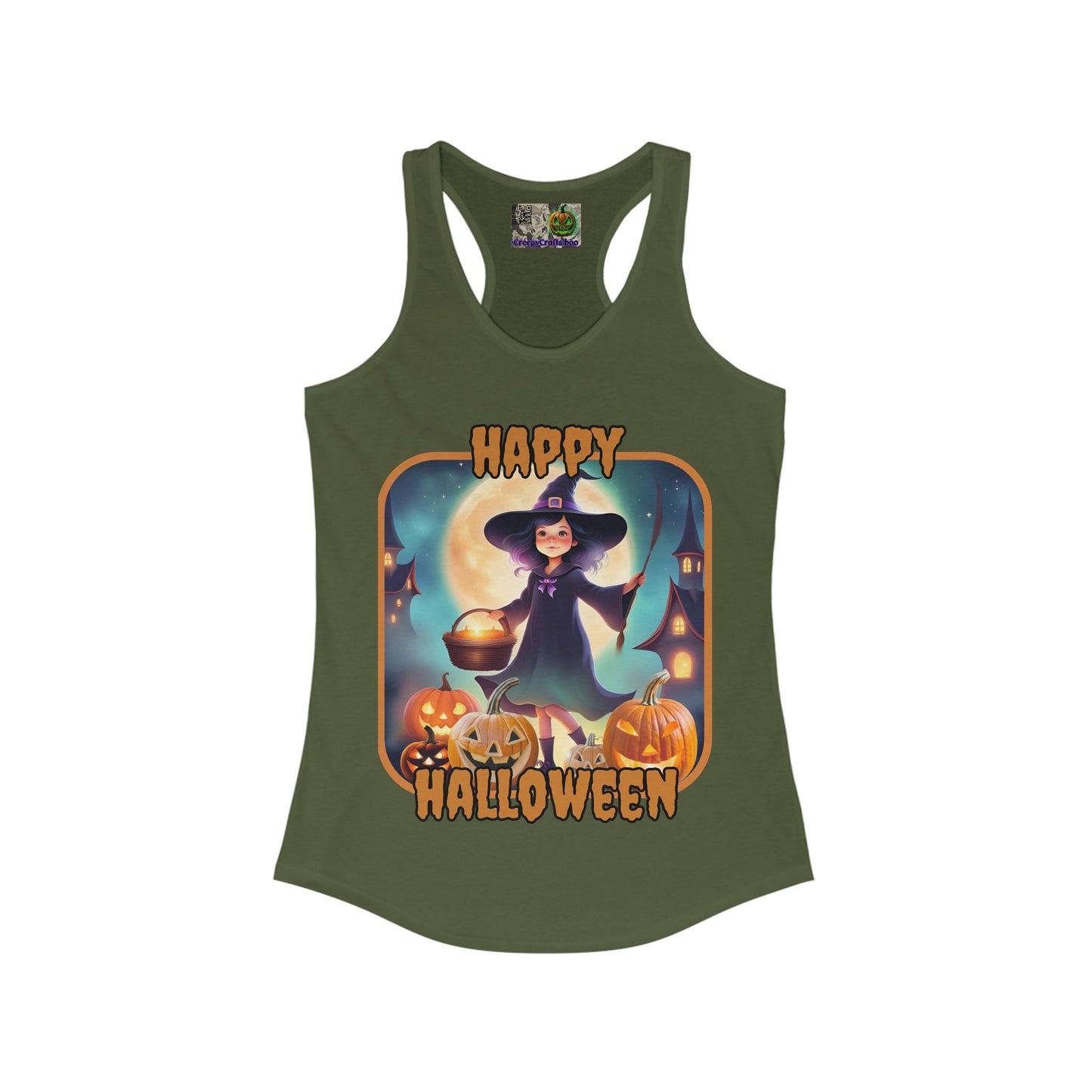 Happy Halloween Little Witch Orange font Women's Racerback Tank Top by CreepyCrafts.boo