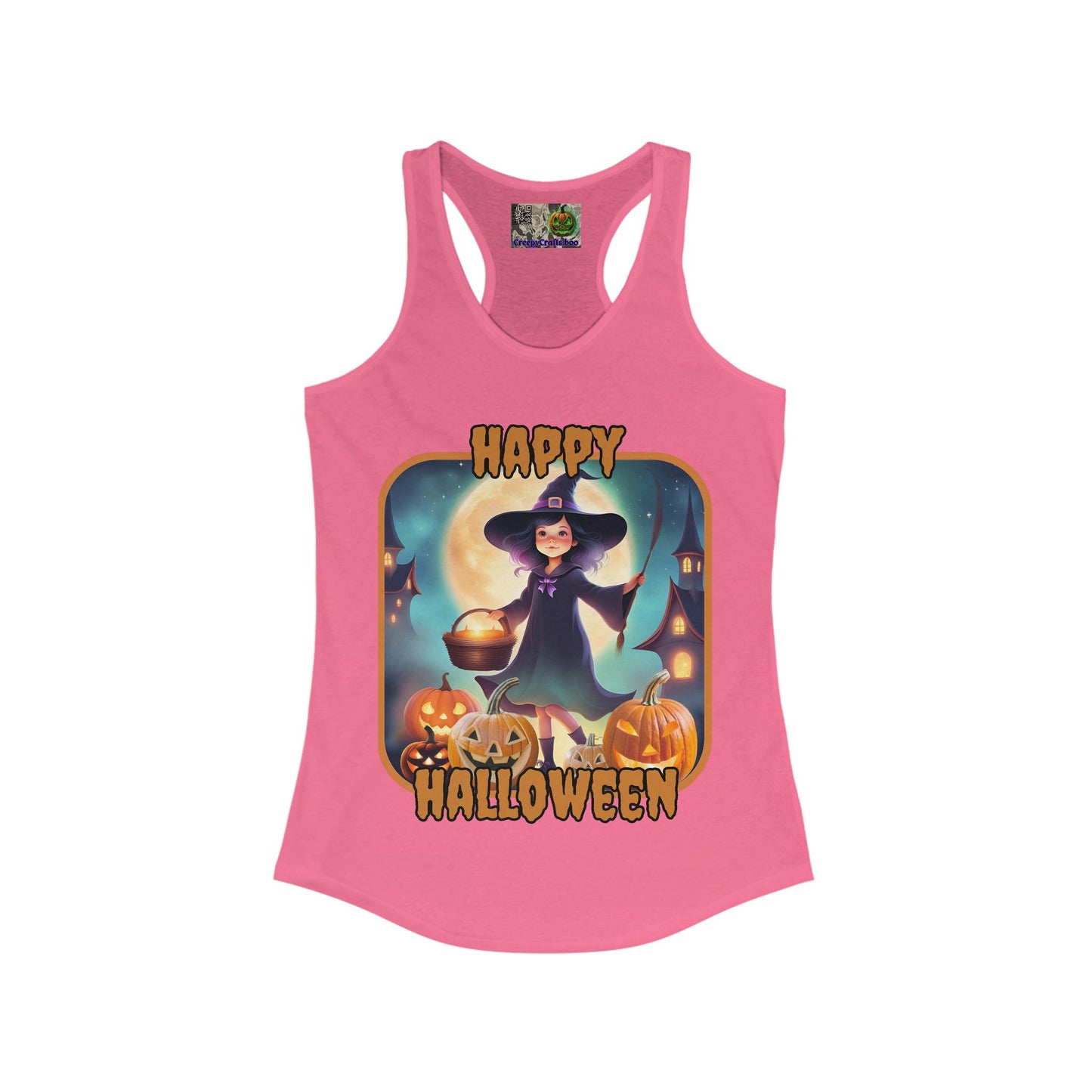 Happy Halloween Little Witch Orange font Women's Racerback Tank Top by CreepyCrafts.boo