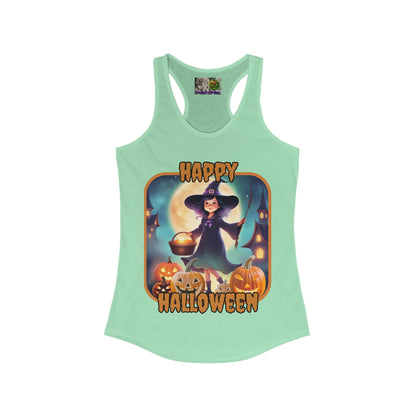 Happy Halloween Little Witch Orange font Women's Racerback Tank Top by CreepyCrafts.boo
