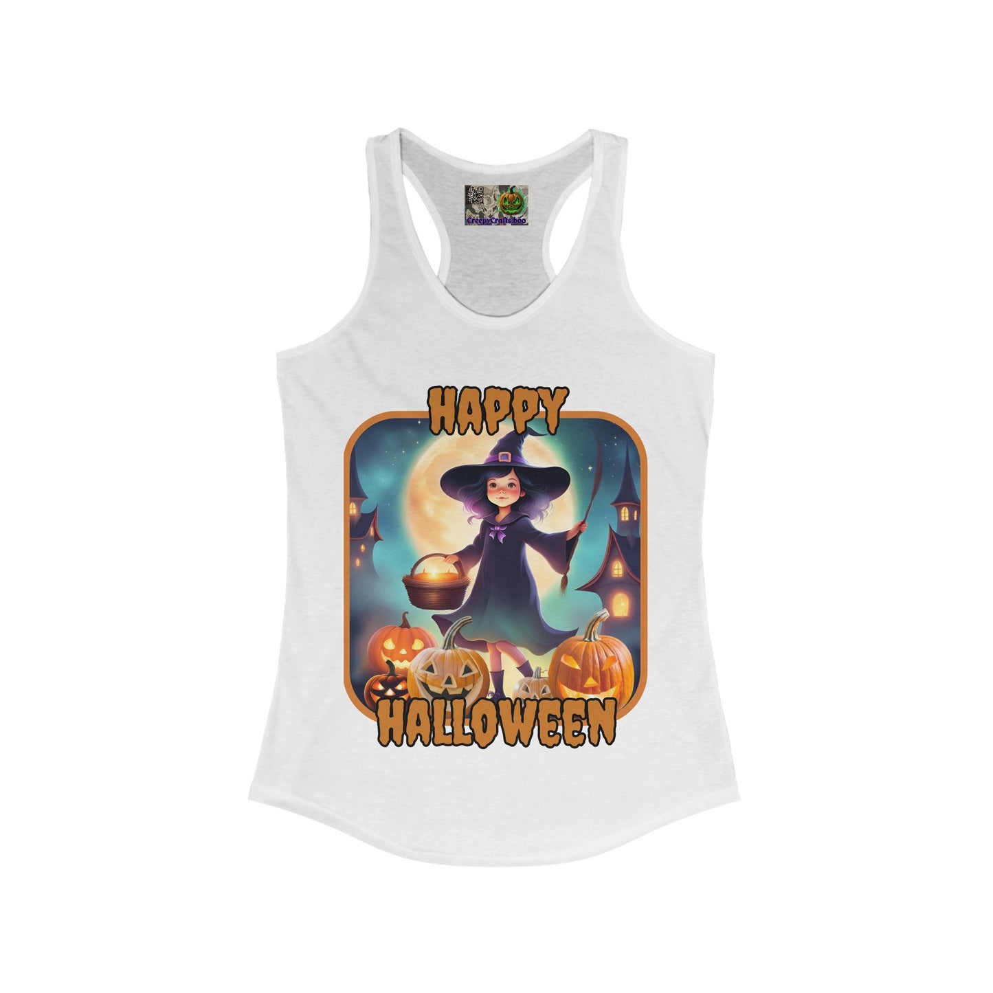 Happy Halloween Little Witch Orange font Women's Racerback Tank Top by CreepyCrafts.boo