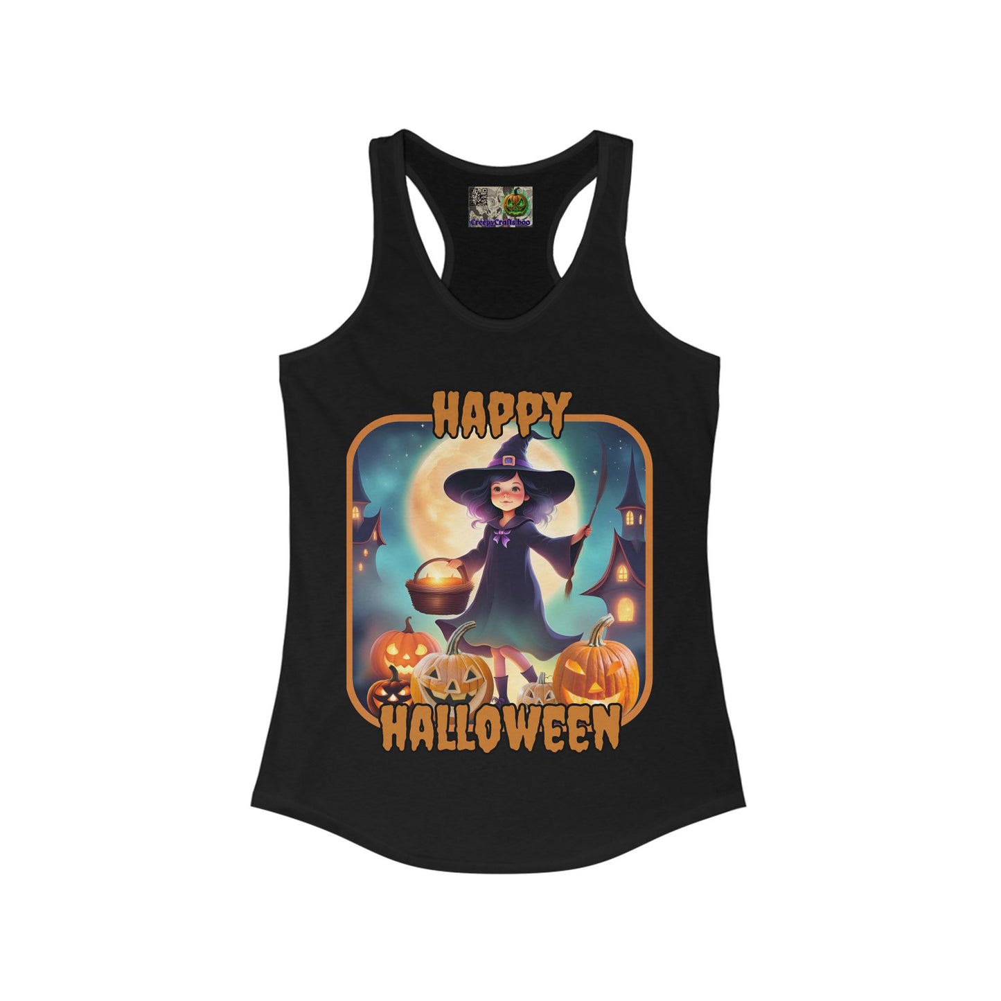Happy Halloween Little Witch Orange font Women's Racerback Tank Top by CreepyCrafts.boo
