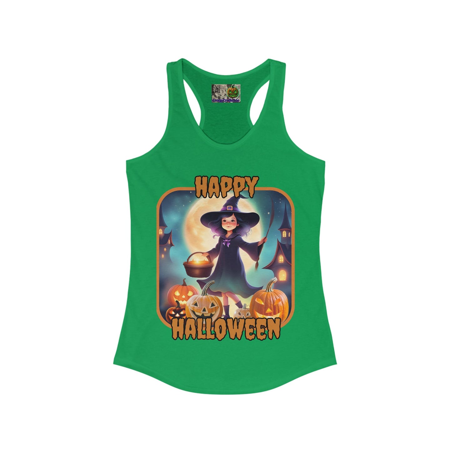 Happy Halloween Little Witch Orange font Women's Racerback Tank Top by CreepyCrafts.boo